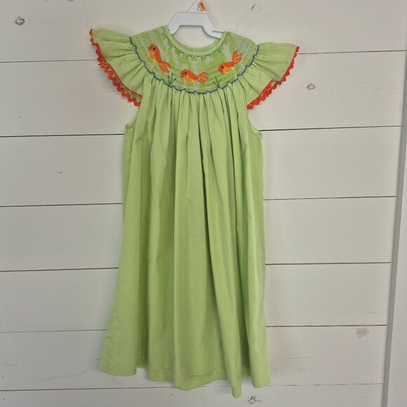 Remember Nguyen Other - Remember Nguyen Hand-Smocked Green Gingham Girls Dress With Fish Embroidery